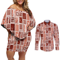 Vintage Aloha Block Quilt Couples Matching Off Shoulder Short Dress and Long Sleeve Button Shirt Red Inspired Lei Motifs LT9 Red - Polynesian Pride