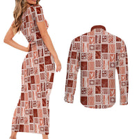 Vintage Aloha Block Quilt Couples Matching Short Sleeve Bodycon Dress and Long Sleeve Button Shirt Red Inspired Lei Motifs LT9 - Polynesian Pride