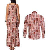 Vintage Aloha Block Quilt Couples Matching Tank Maxi Dress and Long Sleeve Button Shirt Red Inspired Lei Motifs LT9 - Polynesian Pride