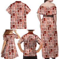 Vintage Aloha Block Quilt Family Matching Off Shoulder Maxi Dress and Hawaiian Shirt Red Inspired Lei Motifs LT9 - Polynesian Pride