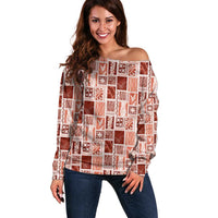 Vintage Aloha Block Quilt Off Shoulder Sweater Red Inspired Lei Motifs - Polynesian Pride