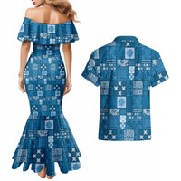 Vintage Hawaiian Quilting Patterns Couples Matching Mermaid Dress and Hawaiian Shirt Blue Style Tribal Fabric Patchwork - Polynesian Pride