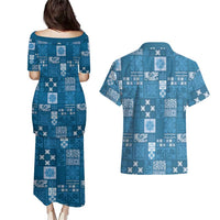 Vintage Hawaiian Quilting Patterns Couples Matching Puletasi and Hawaiian Shirt Blue Style Tribal Fabric Patchwork - Polynesian Pride