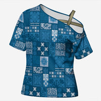 Vintage Hawaiian Quilting Patterns Cross Shoulder Shirt Blue Style Tribal Fabric Patchwork - Polynesian Pride