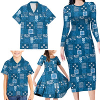 Vintage Hawaiian Quilting Patterns Family Matching Long Sleeve Bodycon Dress and Hawaiian Shirt Blue Style Tribal Fabric Patchwork LT9 - Polynesian Pride