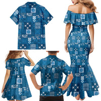 Vintage Hawaiian Quilting Patterns Family Matching Mermaid Dress and Hawaiian Shirt Blue Style Tribal Fabric Patchwork LT9 - Polynesian Pride
