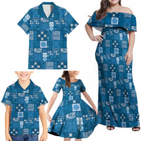 Vintage Hawaiian Quilting Patterns Family Matching Off Shoulder Maxi Dress and Hawaiian Shirt Blue Style Tribal Fabric Patchwork LT9 - Polynesian Pride