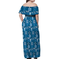 Vintage Hawaiian Quilting Patterns Family Matching Off Shoulder Maxi Dress and Hawaiian Shirt Blue Style Tribal Fabric Patchwork LT9 - Polynesian Pride