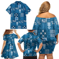Vintage Hawaiian Quilting Patterns Family Matching Off Shoulder Short Dress and Hawaiian Shirt Blue Style Tribal Fabric Patchwork LT9 - Polynesian Pride