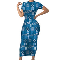 Vintage Hawaiian Quilting Patterns Family Matching Short Sleeve Bodycon Dress and Hawaiian Shirt Blue Style Tribal Fabric Patchwork LT9 Mom's Dress Blue - Polynesian Pride