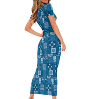 Vintage Hawaiian Quilting Patterns Family Matching Short Sleeve Bodycon Dress and Hawaiian Shirt Blue Style Tribal Fabric Patchwork LT9 - Polynesian Pride