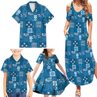 Vintage Hawaiian Quilting Patterns Family Matching Summer Maxi Dress and Hawaiian Shirt Blue Style Tribal Fabric Patchwork LT9 - Polynesian Pride