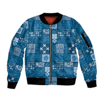 Vintage Hawaiian Quilting Patterns Sleeve Zip Bomber Jacket Blue Style Tribal Fabric Patchwork - Polynesian Pride