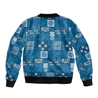 Vintage Hawaiian Quilting Patterns Sleeve Zip Bomber Jacket Blue Style Tribal Fabric Patchwork - Polynesian Pride