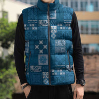Vintage Hawaiian Quilting Patterns Sleeveless Puffer Jacket Blue Style Tribal Fabric Patchwork - Polynesian Pride