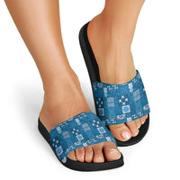 Vintage Hawaiian Quilting Patterns Slide Sandals Blue Style Tribal Fabric Patchwork - Polynesian Pride