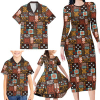 Vintage Hawaiian Quilting Patterns Family Matching Long Sleeve Bodycon Dress and Hawaiian Shirt Brown Style Tribal Fabric Patchwork LT9 - Polynesian Pride