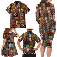 Vintage Hawaiian Quilting Patterns Family Matching Long Sleeve Bodycon Dress and Hawaiian Shirt Brown Style Tribal Fabric Patchwork LT9 - Polynesian Pride