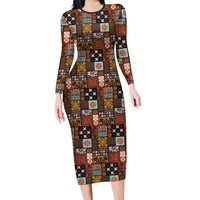 Vintage Hawaiian Quilting Patterns Family Matching Long Sleeve Bodycon Dress and Hawaiian Shirt Brown Style Tribal Fabric Patchwork LT9 Mom's Dress Brown - Polynesian Pride