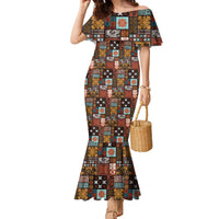 Vintage Hawaiian Quilting Patterns Family Matching Mermaid Dress and Hawaiian Shirt Brown Style Tribal Fabric Patchwork LT9 Mom's Dress Brown - Polynesian Pride