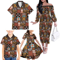 Vintage Hawaiian Quilting Patterns Family Matching Off The Shoulder Long Sleeve Dress and Hawaiian Shirt Brown Style Tribal Fabric Patchwork LT9 - Polynesian Pride