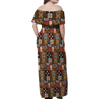 Vintage Hawaiian Quilting Patterns Family Matching Off Shoulder Maxi Dress and Hawaiian Shirt Brown Style Tribal Fabric Patchwork LT9 - Polynesian Pride