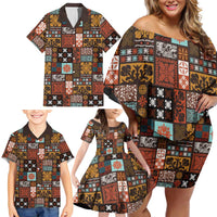 Vintage Hawaiian Quilting Patterns Family Matching Off Shoulder Short Dress and Hawaiian Shirt Brown Style Tribal Fabric Patchwork LT9 - Polynesian Pride
