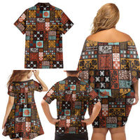Vintage Hawaiian Quilting Patterns Family Matching Off Shoulder Short Dress and Hawaiian Shirt Brown Style Tribal Fabric Patchwork LT9 - Polynesian Pride