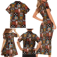 Vintage Hawaiian Quilting Patterns Family Matching Short Sleeve Bodycon Dress and Hawaiian Shirt Brown Style Tribal Fabric Patchwork LT9 - Polynesian Pride