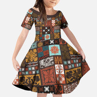 Vintage Hawaiian Quilting Patterns Family Matching Summer Maxi Dress and Hawaiian Shirt Brown Style Tribal Fabric Patchwork LT9 Daughter's Dress Brown - Polynesian Pride