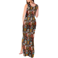 Vintage Hawaiian Quilting Patterns Tank Maxi Dress Brown Style Tribal Fabric Patchwork - Polynesian Pride