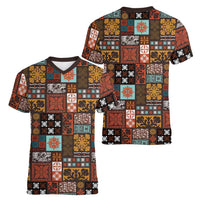 Vintage Hawaiian Quilting Patterns Women V-Neck T-Shirt Brown Style Tribal Fabric Patchwork - Polynesian Pride