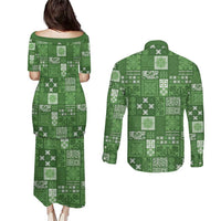 Vintage Hawaiian Quilting Patterns Couples Matching Puletasi and Long Sleeve Button Shirt Green Style Tribal Fabric Patchwork - Polynesian Pride