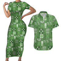 Vintage Hawaiian Quilting Patterns Couples Matching Short Sleeve Bodycon Dress and Hawaiian Shirt Green Style Tribal Fabric Patchwork LT9 Green - Polynesian Pride