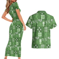 Vintage Hawaiian Quilting Patterns Couples Matching Short Sleeve Bodycon Dress and Hawaiian Shirt Green Style Tribal Fabric Patchwork LT9 - Polynesian Pride