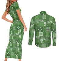 Vintage Hawaiian Quilting Patterns Couples Matching Short Sleeve Bodycon Dress and Long Sleeve Button Shirt Green Style Tribal Fabric Patchwork - Polynesian Pride