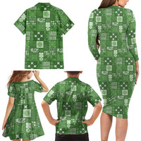 Vintage Hawaiian Quilting Patterns Family Matching Long Sleeve Bodycon Dress and Hawaiian Shirt Green Style Tribal Fabric Patchwork LT9 - Polynesian Pride