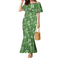 Vintage Hawaiian Quilting Patterns Family Matching Mermaid Dress and Hawaiian Shirt Green Style Tribal Fabric Patchwork LT9 Mom's Dress Green - Polynesian Pride