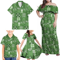Vintage Hawaiian Quilting Patterns Family Matching Off Shoulder Maxi Dress and Hawaiian Shirt Green Style Tribal Fabric Patchwork LT9 - Polynesian Pride