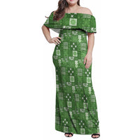 Vintage Hawaiian Quilting Patterns Family Matching Off Shoulder Maxi Dress and Hawaiian Shirt Green Style Tribal Fabric Patchwork LT9 Mom's Dress Green - Polynesian Pride