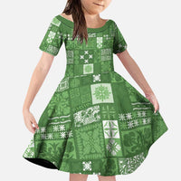 Vintage Hawaiian Quilting Patterns Family Matching Off Shoulder Short Dress and Hawaiian Shirt Green Style Tribal Fabric Patchwork LT9 Daughter's Dress Green - Polynesian Pride