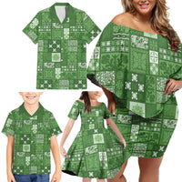 Vintage Hawaiian Quilting Patterns Family Matching Off Shoulder Short Dress and Hawaiian Shirt Green Style Tribal Fabric Patchwork LT9 - Polynesian Pride