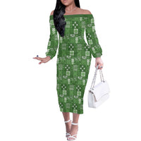 Vintage Hawaiian Quilting Patterns Off The Shoulder Long Sleeve Dress Green Style Tribal Fabric Patchwork - Polynesian Pride