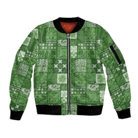 Vintage Hawaiian Quilting Patterns Sleeve Zip Bomber Jacket Green Style Tribal Fabric Patchwork - Polynesian Pride