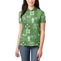 Vintage Hawaiian Quilting Patterns Women Polo Shirt Green Style Tribal Fabric Patchwork - Polynesian Pride
