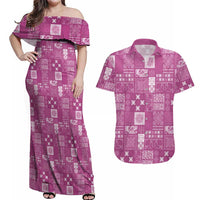 Vintage Hawaiian Quilting Patterns Couples Matching Off Shoulder Maxi Dress and Hawaiian Shirt Pink Style Tribal Fabric Patchwork - Polynesian Pride