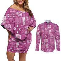 Vintage Hawaiian Quilting Patterns Couples Matching Off Shoulder Short Dress and Long Sleeve Button Shirt Pink Style Tribal Fabric Patchwork - Polynesian Pride