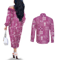 Vintage Hawaiian Quilting Patterns Couples Matching Off The Shoulder Long Sleeve Dress and Long Sleeve Button Shirt Pink Style Tribal Fabric Patchwork - Polynesian Pride