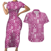 Vintage Hawaiian Quilting Patterns Couples Matching Short Sleeve Bodycon Dress and Hawaiian Shirt Pink Style Tribal Fabric Patchwork LT9 Pink - Polynesian Pride