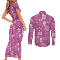 Vintage Hawaiian Quilting Patterns Couples Matching Short Sleeve Bodycon Dress and Long Sleeve Button Shirt Pink Style Tribal Fabric Patchwork - Polynesian Pride